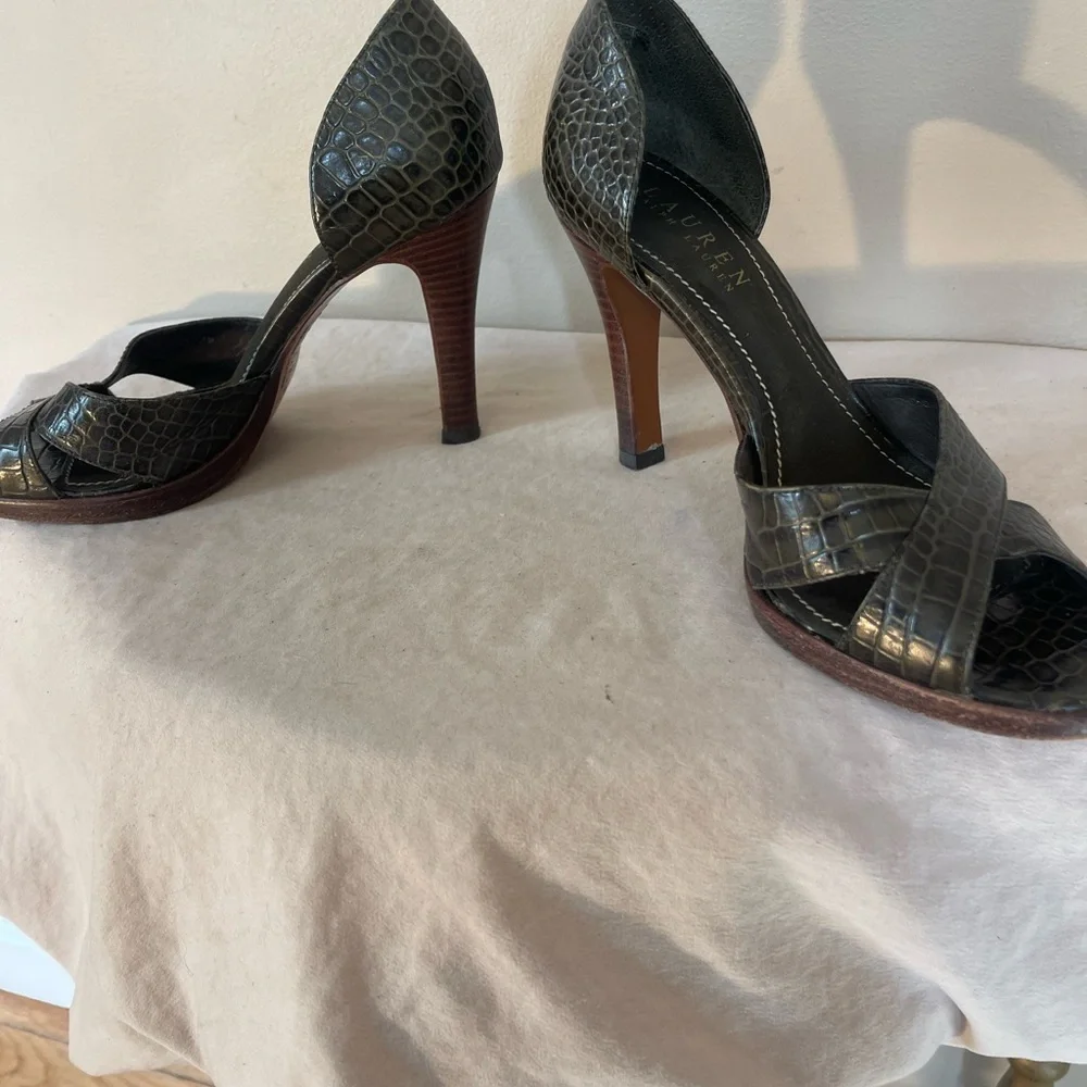 Ralph Lauren Leather Crocodile Pattern Heels Callia Peep Toe Pumps Shoes 7 B - Picture 5 of 9